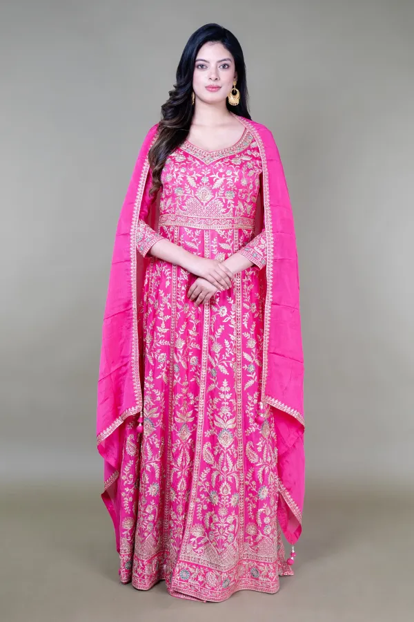 Rani Pink Long Anarkali & Middle Cut Suit With Skirt